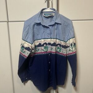 Southwest Canyon Blue Colorblock Cactus Desert Graphic Button Down Shirt Mens M